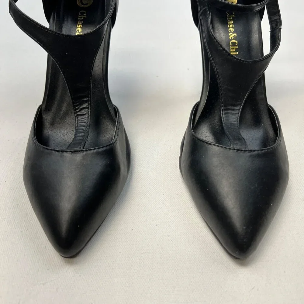 Chase & Chloe Pointed Toe Ankle Strap Stilettos Black Size 9